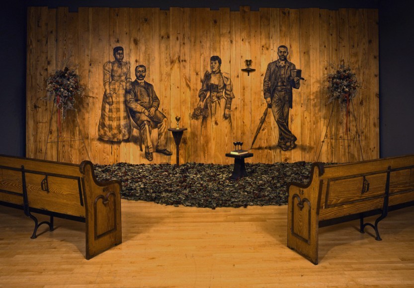 Grace, 2003 Charcoal on wood, church pews, dried roses, music