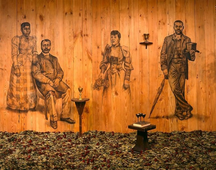 Grace, 2003 Charcoal on wood, church pews, dried roses, music