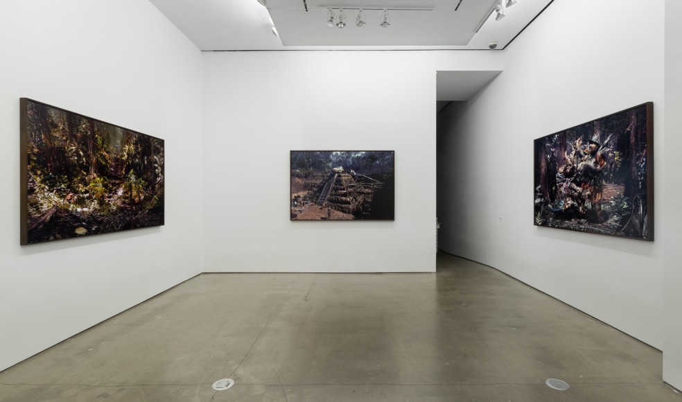 An installation view of Jasper de Beijer's exhibition, "The Brazilian Suitcase". Framed photographs are on the walls.