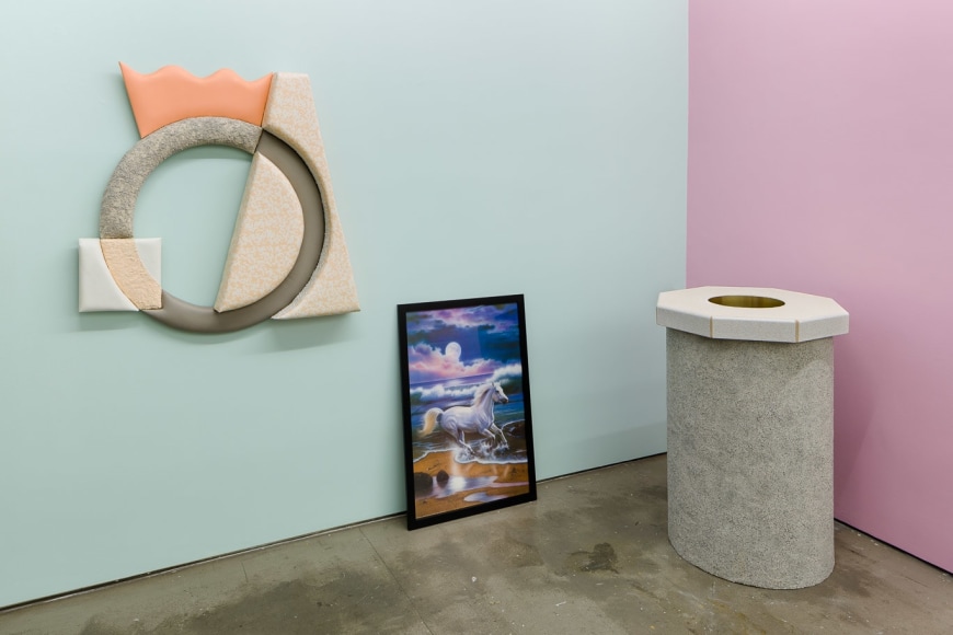 Installation of artworks in "Elysian Redux". Paintings and sculpture