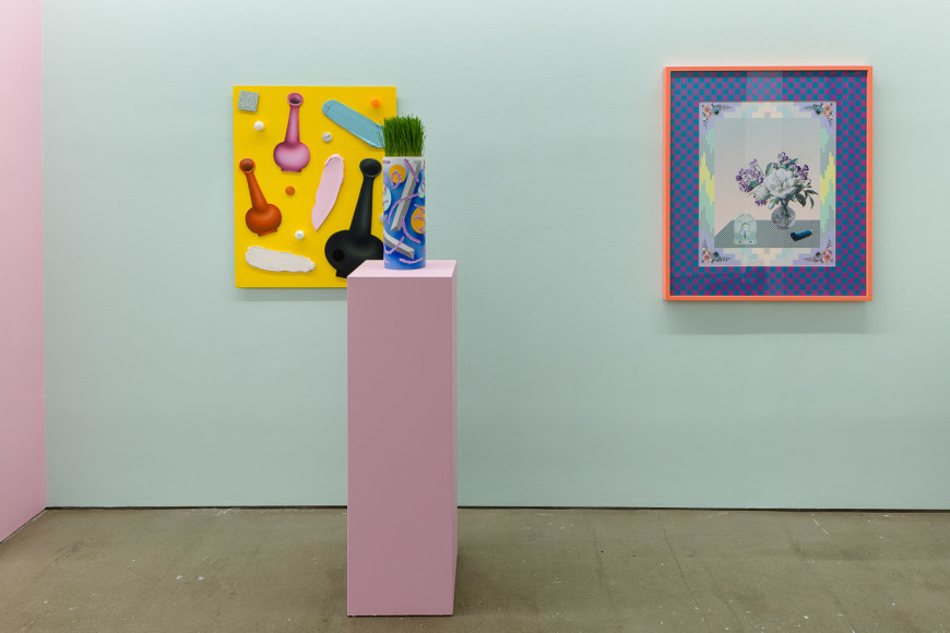 Installation of artworks in "Elysian Redux". Paintings and sculpture