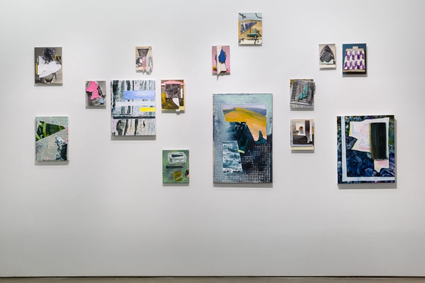 Installation image of Marjolijn de Wit's solo exhibition "How Things Act". Paintings are on the walls in a salon style