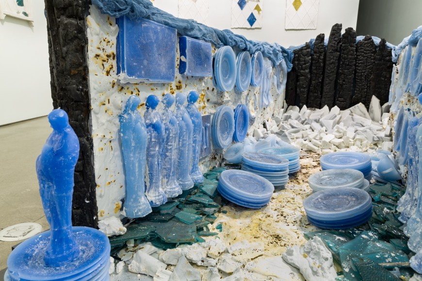 A close up of a mixed media installation