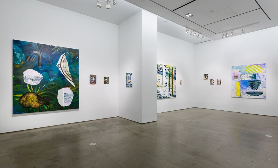 Installation image of Marjolijn de Wit's solo exhibition "How Things Act". Paintings are on the walls next to column