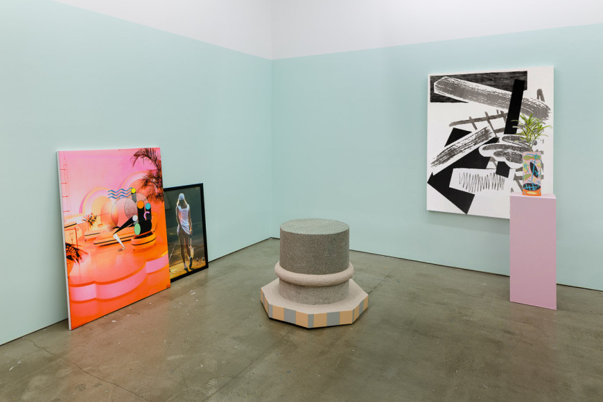Installation of artworks in "Elysian Redux". Paintings and sculpture