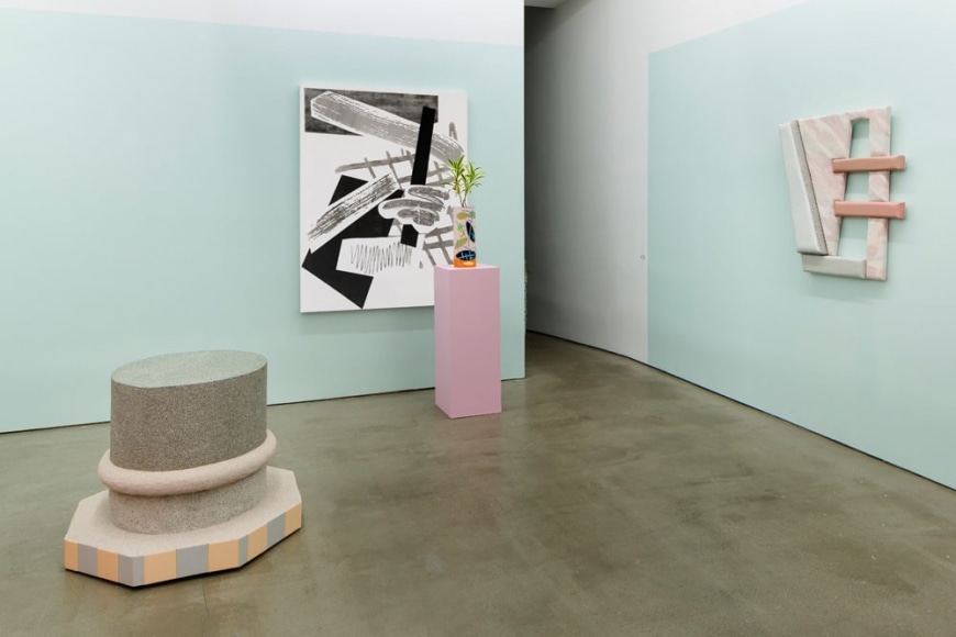 Installation of artworks in "Elysian Redux". Paintings and sculpture