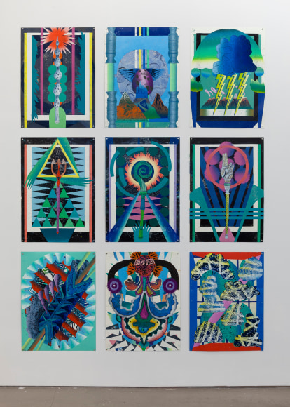 installation of paintings and linocuts