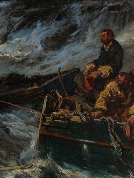 Detail close up of the painting depicting sailors on a boat and waves and rapid movement in the sea.