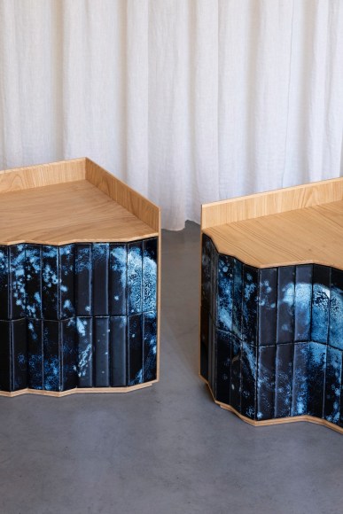 Beside night stands in tile and oak by NDL made in situ.
