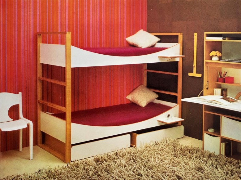 Archival image from JER commercial catalogue, 1970's. Secretaire cabinet on the right and 2 single beds from the same model visible in the image.