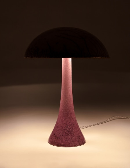 Illuminated lamp with white raku glazed shade and purple raku glazed base