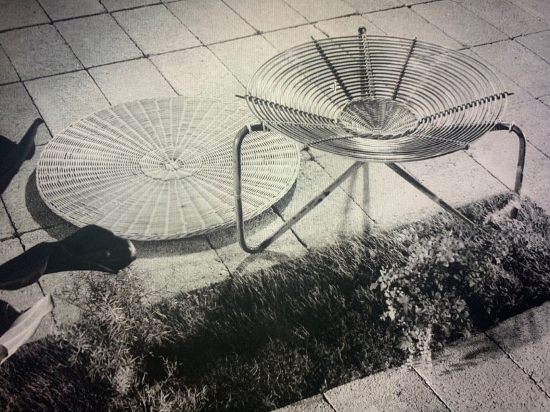 Archival image of similar model exhibited, Salon des Artistes D&eacute;corateurs. 1956, Paris. Top was originally made of rattan with niche underneath to store small objects.