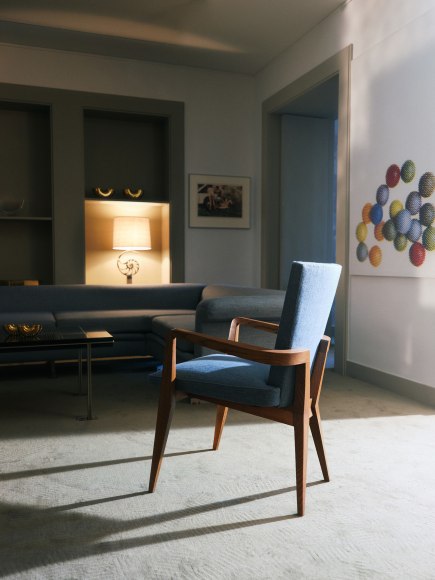 Installation photo of the show and works in Paris. Views of room showing various furnitures.