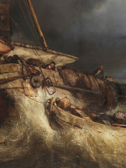 Painting depicting epic ocean scene with a boat near a town and people engaging in activity. Detail shots included.