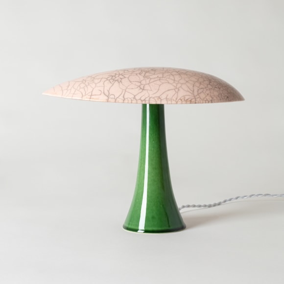 Lamp turned off, color on stem is green. Light pink raku glaze on top