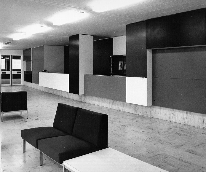 Archival photo of a front desk space designed by Philippon and Lecoq