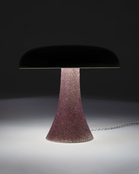 Illuminated lamp with green raku glazed shade and purple raku glazed base