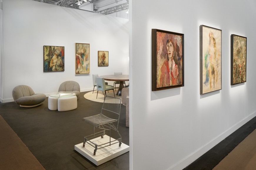 Installation view of the booth at FOG in sf. Works by Sheila Hicks on view and Eug&egrave;ne Leroy in image.