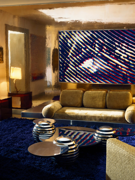 Installation photo of the show and works in Paris. Views of room showing various furnitures.