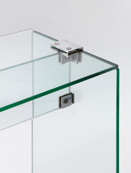 Jacques Dumond console vanity with a box on top. made of glass and has a stool that sits with it. green inside the box. Detail of the piece.