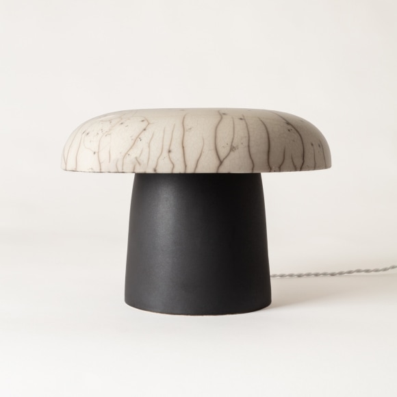 Lamp with white raku glazed shade and matte black glazed base