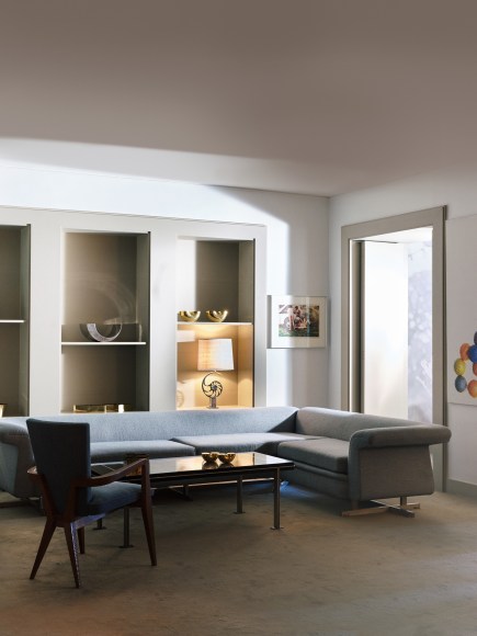 Installation photo of the show and works in Paris. Views of room showing various furnitures.