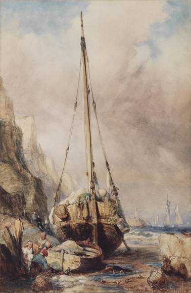 Watercolor depicting a beached sailboat and small boat