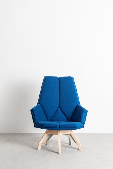 Blue Iena armchair by Pierre Paulin photographed front view.