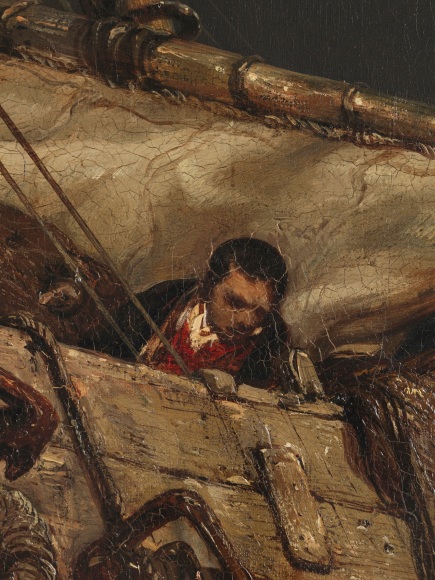 Painting depicting epic ocean scene with a boat near a town and people engaging in activity. Detail shots included.