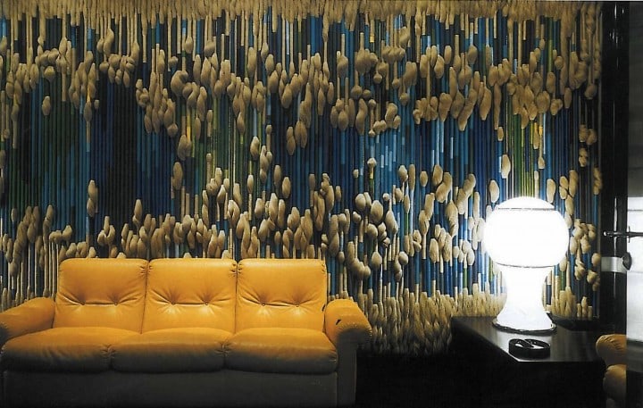 Couch in front of study for Sheila Hicks' Fugue, Rothschild Bank headquarters, Paris, 1970