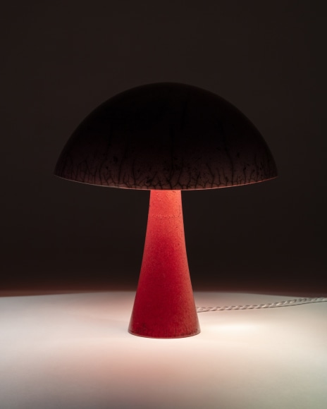 Illuminated lamp with pink raku glazed shade and red raku glazed base