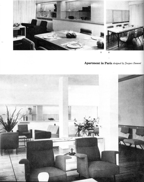 Archival photos of various living spaces in an apartment designed by Jacques Dumond