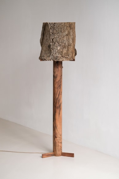 Cork and Oak floor lamp against an empty room turned off.