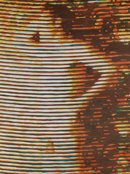 Close up detail shot of painting of a man with stripes.