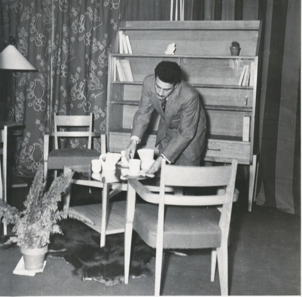 Ren&eacute; Jean Caillette with pair of armchairs at Salon des Arts M&eacute;nagers, 1949