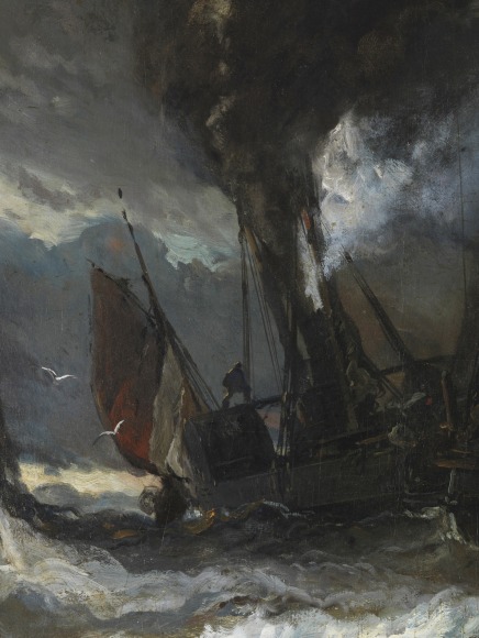 Detail close up of the painting depicting sailors on a boat and waves and rapid movement in the sea.