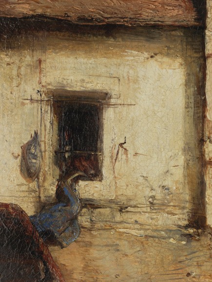 Painting depicting epic ocean scene with a boat near a town and people engaging in activity. Detail shots included.