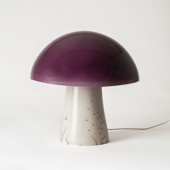 Lamp with purple glazed shade and white raku glazed base