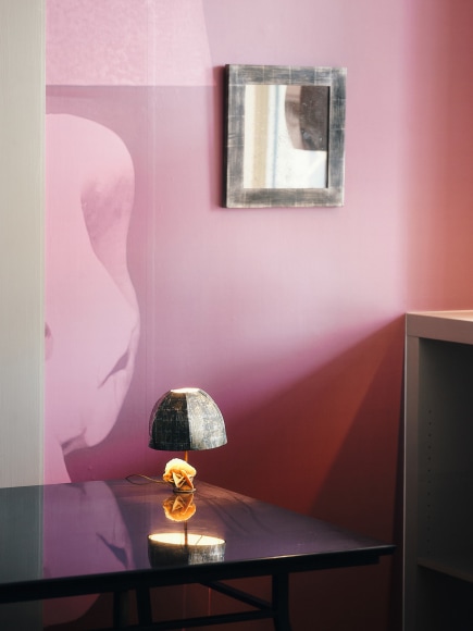 Installation photo of the show and works in Paris. Views of room showing various furnitures.