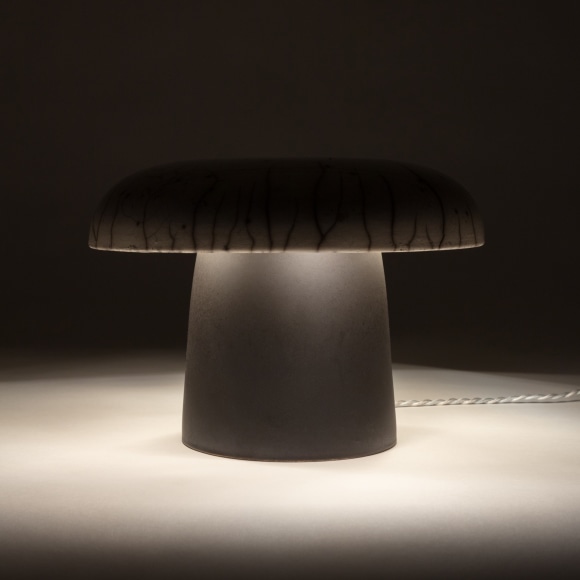 Illuminated lamp with white raku glazed shade and matte black glazed base