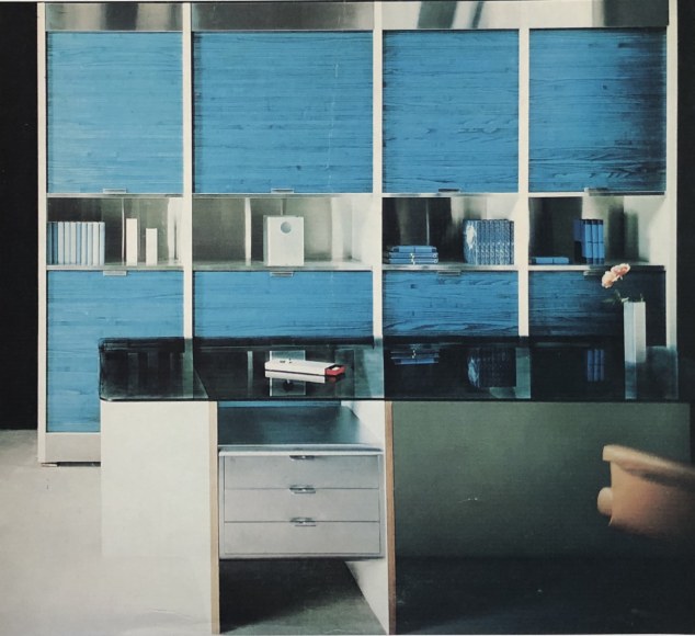 Roger Fatus, Desk, 1969; Bookcase with&nbsp; blue tinted wood sliding doors, steel and white formica, edited by La Meridienne, 1970