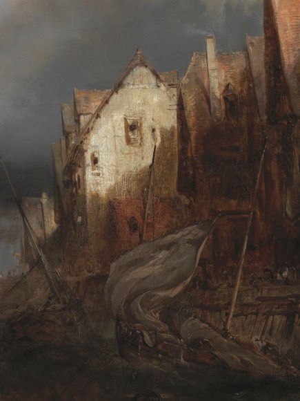 Painting depicting epic ocean scene with a boat near a town and people engaging in activity. Detail shots included.