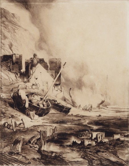 Pen and pencil work depicting a beached boat being reframed at low tide