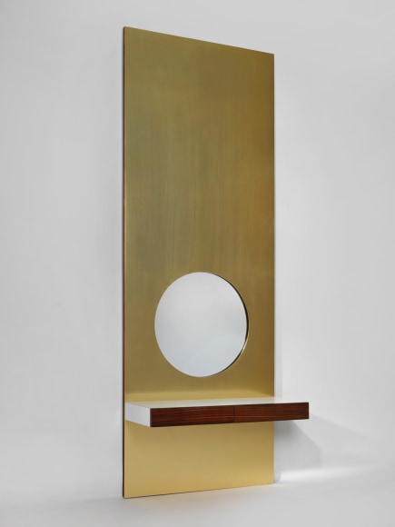 Anodized aluminium with mirror cut out and formica with wood face vanity