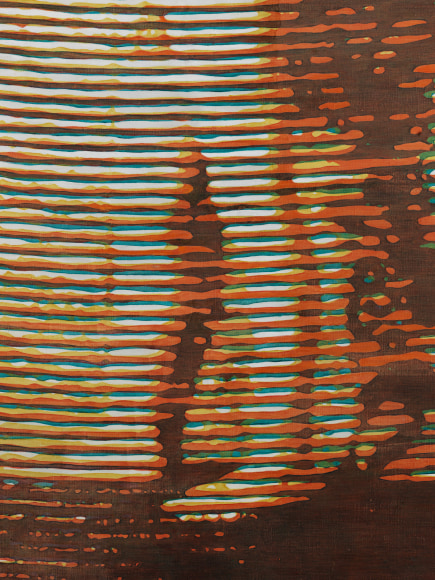 Close up detail shot of painting of a man with stripes.
