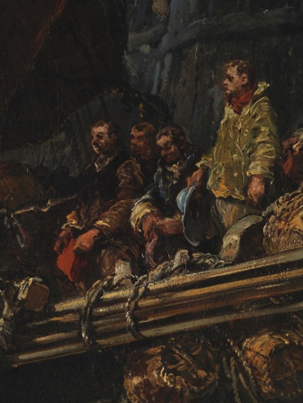 Detail close up of the painting depicting sailors on a boat and waves and rapid movement in the sea.