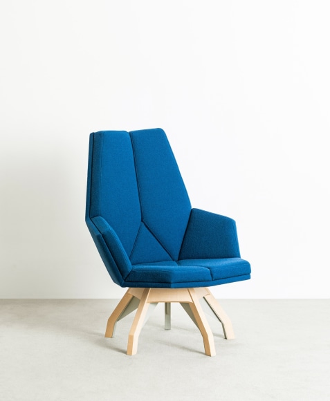 Blue Iena armchair by Pierre Paulin photographed front view.