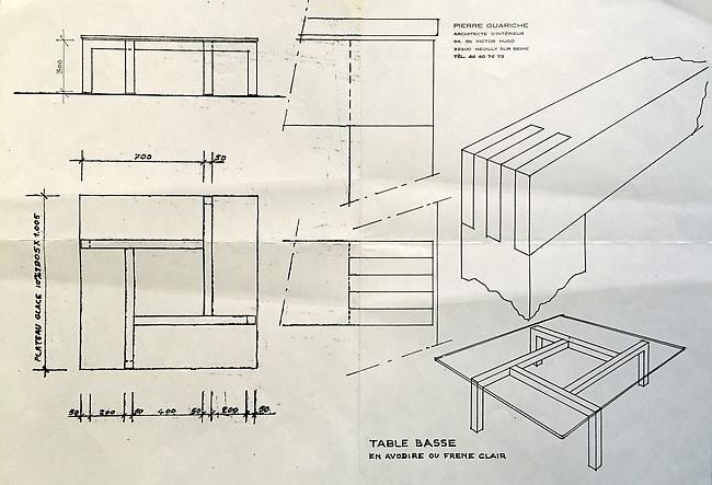 Drawing of Low Table designed for Guariche apartment in Bandol, France.
