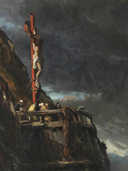 Detail close up of the painting depicting sailors on a boat and waves and rapid movement in the sea.