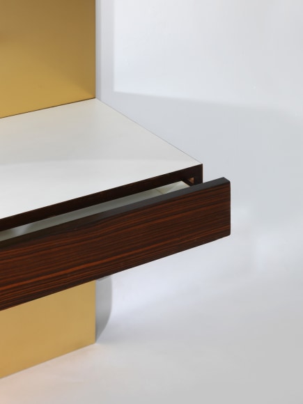 Formica topped vanity with Palissander wood drawer in an open position